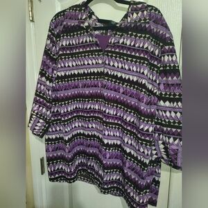 Purple patterned 3x (26/28) Maggie Barnes blouse, 3/4 sleeves.